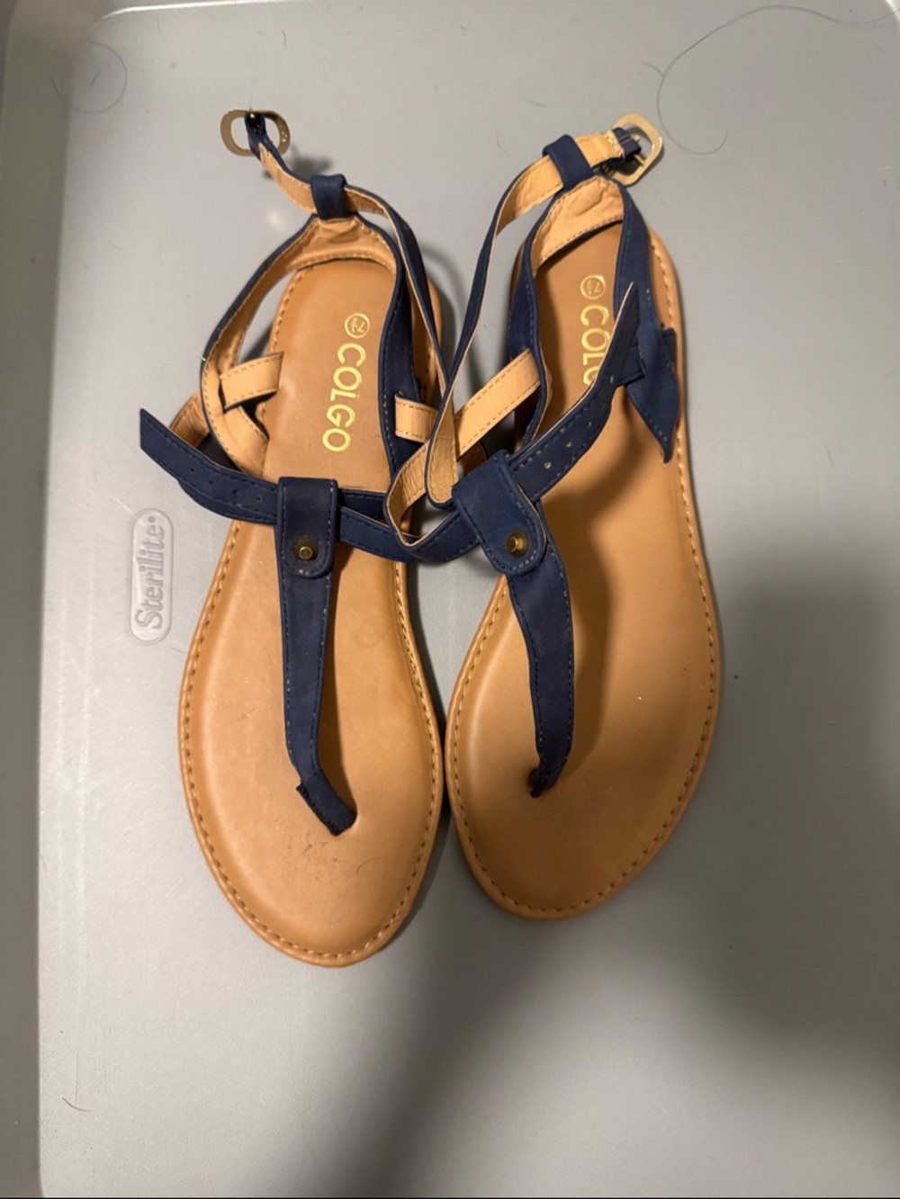 NWOT Navy and Tan T-Strap Sandals with Ankle Buckle